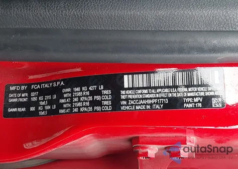 2017 Jeep Renegade Sport Fwd z USA, uszkodzony, nr VIN ZACCJAAH9HPF17713